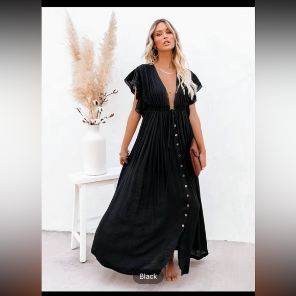 Pleated Plunging Dress, Casual Solid Button Front Beach Summer Maxi Dress, - Picture 2 of 5